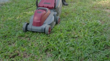 Bahçıvan, çim biçme makinesiyle özel bahçede çim biçiyor. Statik çekim. Bahçe işleri. Bahçede elektrikli çim biçme makinesiyle çim biçmek. Çim biçme makinesi. Çim biçme makinesiyle çimleri biçiyorum..