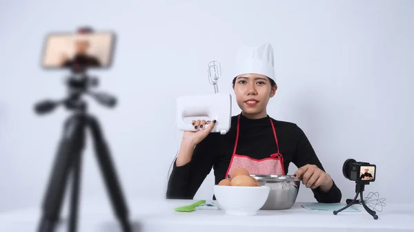 Blogger Comida Mujer Asiática Chef Streaming Vivo Ella Comunica Con — Foto de Stock