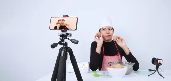 Blogueur Culinaire Asiatique Femme Chef Streaming Direct Elle Communique Avec — Photo