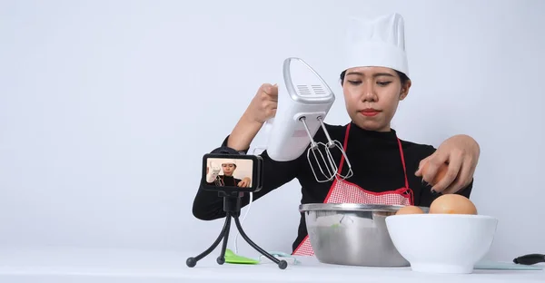 Blogueiro Comida Mulher Asiática Chef Streaming Vivo Ela Comunica Com — Fotografia de Stock