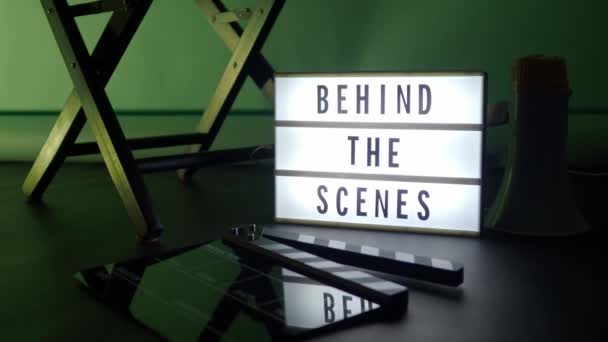 Scenes Letterboard Text Lightbox Cinema Light Box Movie Clapperboard Megaphone — Stock Video