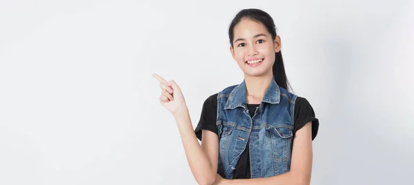 Gesture Posing Asian Young Woman White Background Cheerful Confident Showing — Stock Photo, Image