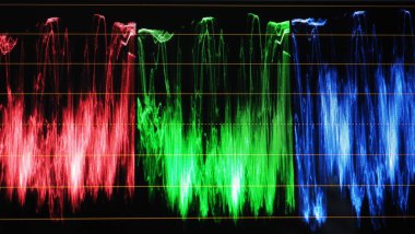 Renk ölçüm monitörü. RGB renk düzeltme grafiği üretim sonrası ekranda. Video ya da film yapımında telekinezi aşaması. Dijital film üzerinde renklendirici düzenleme veya ayarlama için.