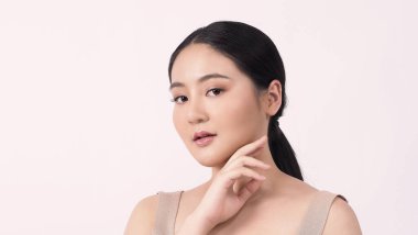 Beauty skin. makeup concept. Young pretty woman black hair and beauty face make up for skincare cosmetic. Showing delicate soft and firm and ageless facial skin. Oil type skin. Close up facial. beauty shot