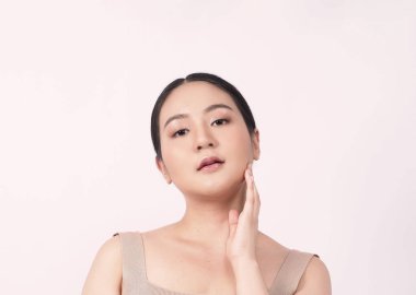 Beauty skin. makeup concept. Young pretty woman black hair and beauty face make up for skincare cosmetic. Showing delicate soft and firm and ageless facial skin. Oil type skin. Close up facial. beauty shot