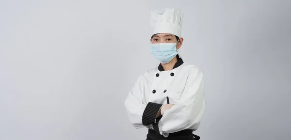 Chef Vestindo Máscara Protetora Facial Respirador Para Proteção Contra Doenças — Fotografia de Stock