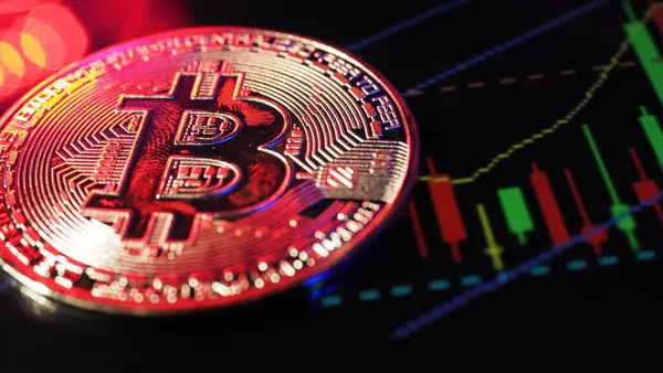 Cierre Bitcoin Digital Bolsa Barras Gráficas Negro Criptomoneda Bitcoin Stock — Foto de Stock