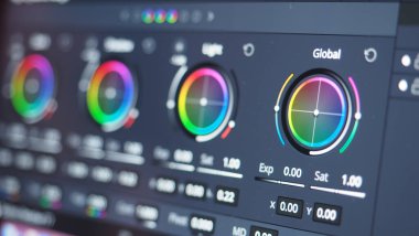 Ekranda renk derecelendirme grafiği. RGB renk düzeltme çubuğu prodüksiyon sonrası monitörde. Video ya da film yapımında telekinezi aşaması. Renkçi dijital derecelendirme.