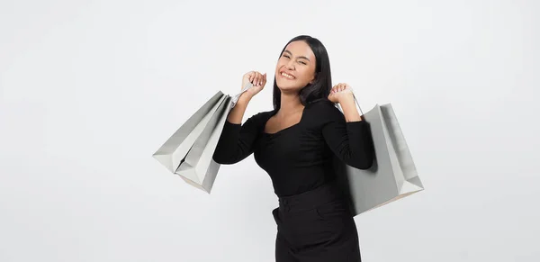 Kärlek Shopping Koncept Vacker Asiatisk Kvinna Som Bär Grå Färgpåsar — Stockfoto