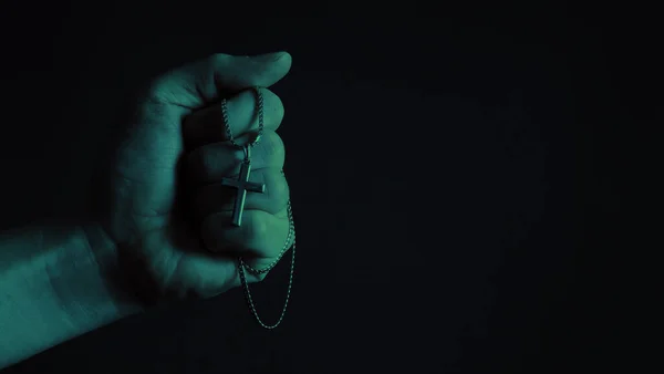 Praying Rosary Hand Catholic Man Rosary Black Background Hands Holding — Stock Photo, Image