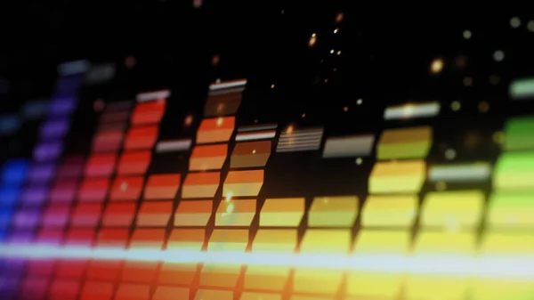 音乐均衡器吧 屏幕黑色背景上的音频波形均衡器 监控器上的音乐或声波 彩色声音可视化器摘要 梯度谱曲线图 数字图形在黑暗中发光 — 图库照片