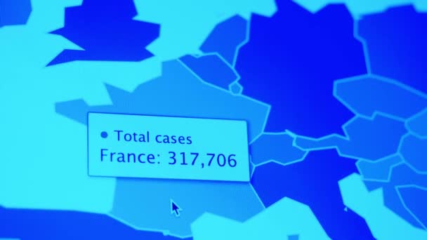 Estatísticas Pandemia Covid Tela Número Casos Coronavírus Aumentar Dados Mapa — Vídeo de Stock