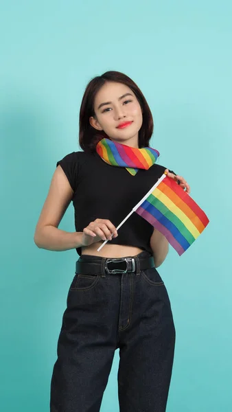 Lgbtq Girl Pride Flag Sexy Lesbian Girl Lgbt Flag Standing — Stock Photo, Image