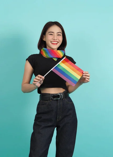 Lgbtq Kızı Gurur Bayrağı Seksi Lezbiyen Kız Lgbt Bayrağı Ayakta — Stok fotoğraf