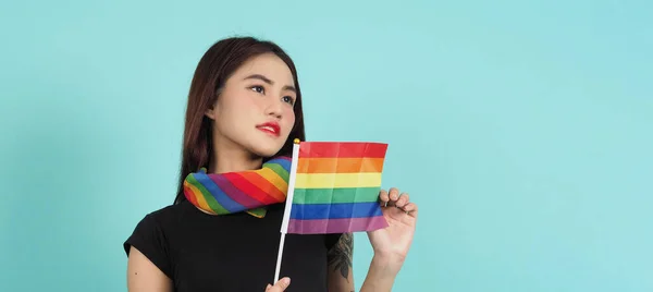 Lgbtq Meisje Trots Vlag Sexy Lesbisch Meisje Lgbt Vlag Staan — Stockfoto