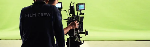 Produzione Film Indietro Del Team Videoografi Troupe Cinematografiche Con Videocamera — Foto Stock