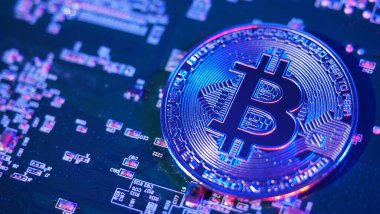 Bitcoin ve yarı iletken. Kripto para birimindeki madencilik küresel ısınmaya neden olur. İşlemci tahtasında duran bitcoinler. Mavi ve pembe ışıklı Bitcoin 'e yakın çekim. Altında para olan devre kartı. Çevrimiçi varlık kavramı. 