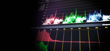 Renk derecelendirme araçları veya RGB renk düzeltme göstergesi post prodüksiyon sürecinde monitörde. Video ya da film yapımında tam kademe telekinat. Dijital filmdeki renk düzenleme veya derecelendirme için.