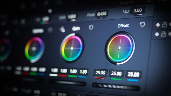 Color grading tools or RGB colour correction indicator on monitor in post production process. Telecine full grade stage in video or film production processing. for colorist edit or grading color on digital movie.