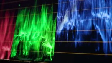 Renk derecelendirme. RGB renk düzeltme grafik çubuğu monitörde. Renk derecelendirme göstergesi ekranda. Üretim sürecini. Video ya da film yapımında telekinezi aşaması. Renkçi düzenleme için