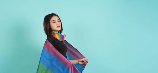 Lgbtq Kızı Gurur Bayrağı Seksi Lezbiyen Kız Lgbtq Bayrağı Ayakta — Stok fotoğraf