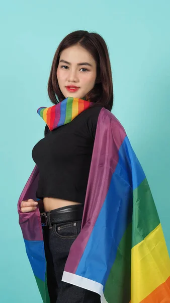 Lgbtq Kızı Gurur Bayrağı Seksi Lezbiyen Kız Lgbtq Bayrağı Ayakta — Stok fotoğraf