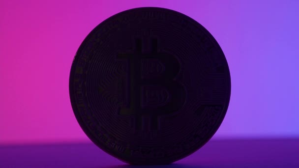 Bitcoin Umbră Lumină Criptomonedă Bitcoin Culoarea Roz Albastru Ton Dispoziție — Videoclip de stoc
