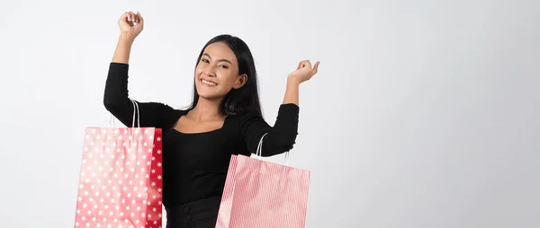 Conceito Mulher Compras Menina Feliz Sacos Compras Durante Temporada Venda — Fotografia de Stock