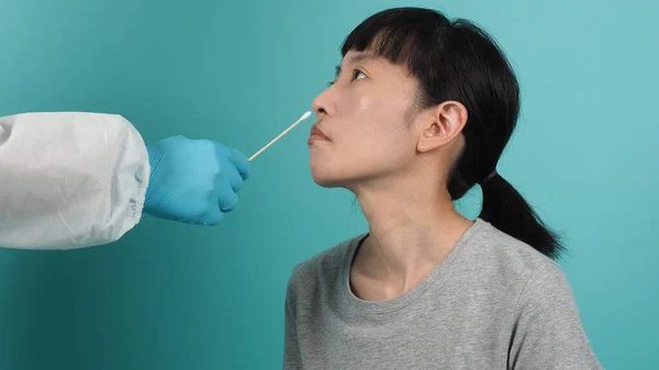 Pcr Test Woman Covid Swab Test Coronavirus Test Epidemic Medic — Stock Photo, Image