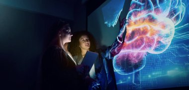 Ai kullanıyor. İş ekibi dijital yapay zeka ve dijital yapay zeka kullanıyor. Gelecekteki yenilikçi yapay zeka teknolojisi işbirliği ve gelecek için iş fikirleri. Business Tech Başlangıç toplantısı.