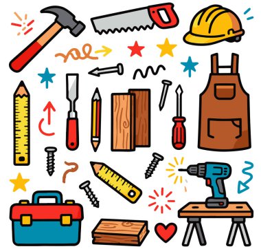 Marangoz, tahta, testere, çekiç, cetvel, çivi, kıskaç, matkap ve ahşap işçiliği sembolleri gibi marangoz unsurları içeren düz bir karalama seti, marangozluk, el işi ve atölye çizimleri için mükemmel.