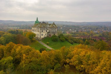 Havadan Olesko Sarayı. Rezervasyon. Tepelerdeki yaz parkı. Ukrayna 'daki Olesky Kalesi' nin havadan görünüşü.