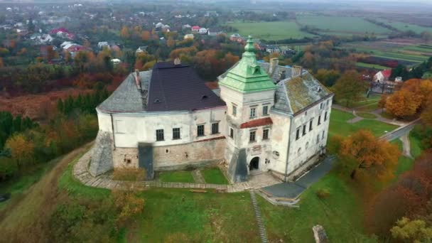 Palais Olesko de l'air. Réserve. Parc d'été sur les collines. Vue aérienne du château d'Olesky, Ukraine. — Video