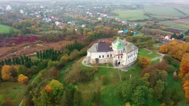 Pałac Olesko z powietrza. Rezerwa. Letni park na wzgórzach. Widok z lotu ptaka na Zamek Oleski, Ukraina. — Wideo stockowe