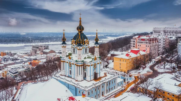 St. Andrews Church and Andriyivskyy Descent, in winter, Kyiv, Ukraine Stock Picture