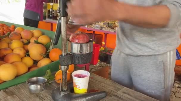 Comida y bebidas callejeras, típicos fabricantes de jugo de granada — Vídeos de Stock