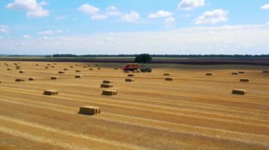 Hava görüntüleme birliği sahada çalışıyor. Hasat makinesi olgun, kuru ayçiçeklerini kesiyor. Mavi gökyüzü ile güzel bir manzara. Tarım sonbahar konsepti.