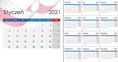 Basit Takvim 2021 Lehçe dili, hafta Pazartesi başlıyor.