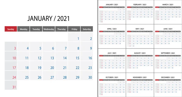 Einfacher Kalender 2021 Englische Woche Beginnt Sonntag — Stockvektor