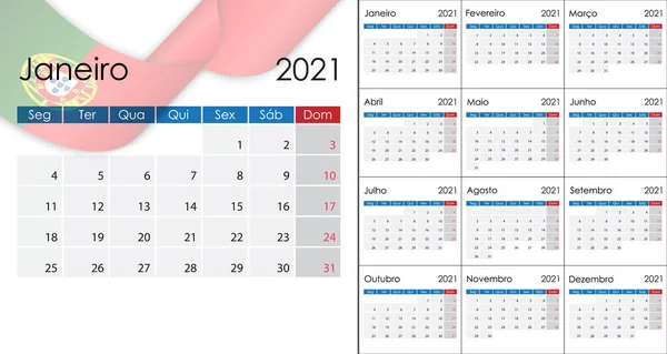 Einfacher Kalender 2021 Auf Portugiesisch Europäische Version Wochenstart Montag — Stockvektor