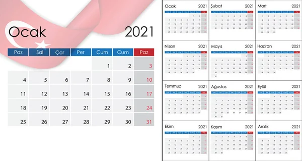 Einfacher Kalender 2021 Auf Türkisch Wochenstart Montag — Stockvektor