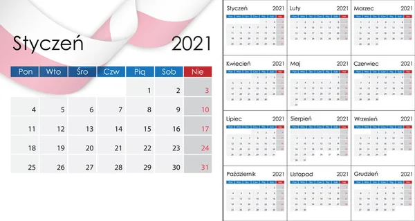 Einfacher Kalender 2021 Auf Polnisch Wochenstart Montag — Stockvektor