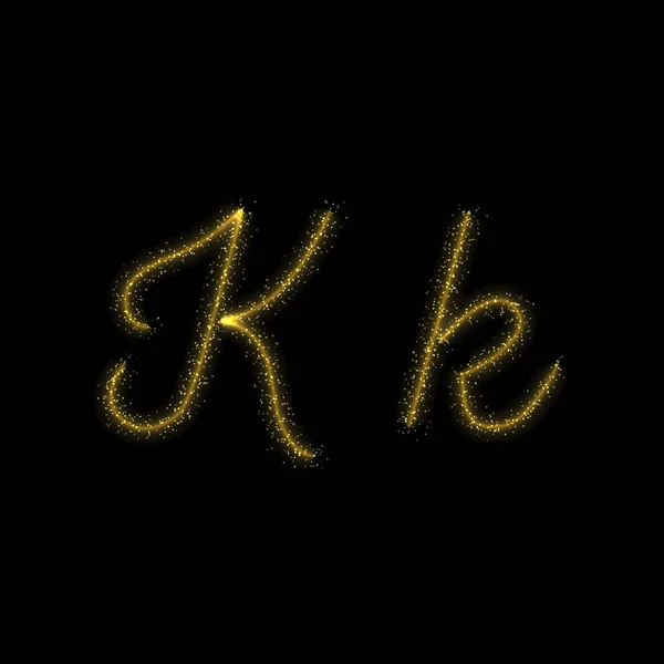 黄金の輝きの手紙K 暗い背景の星の輝きの歩道フォント — ストックベクタ
