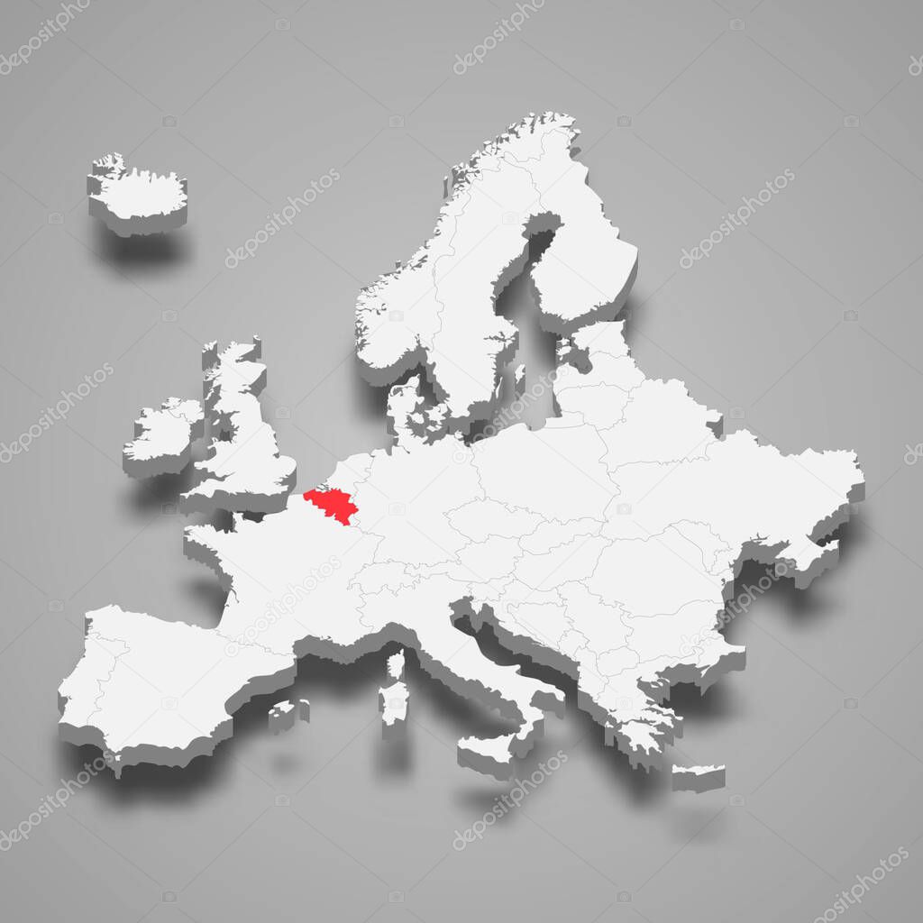 Belgium country location within Europe 3d isometric map 