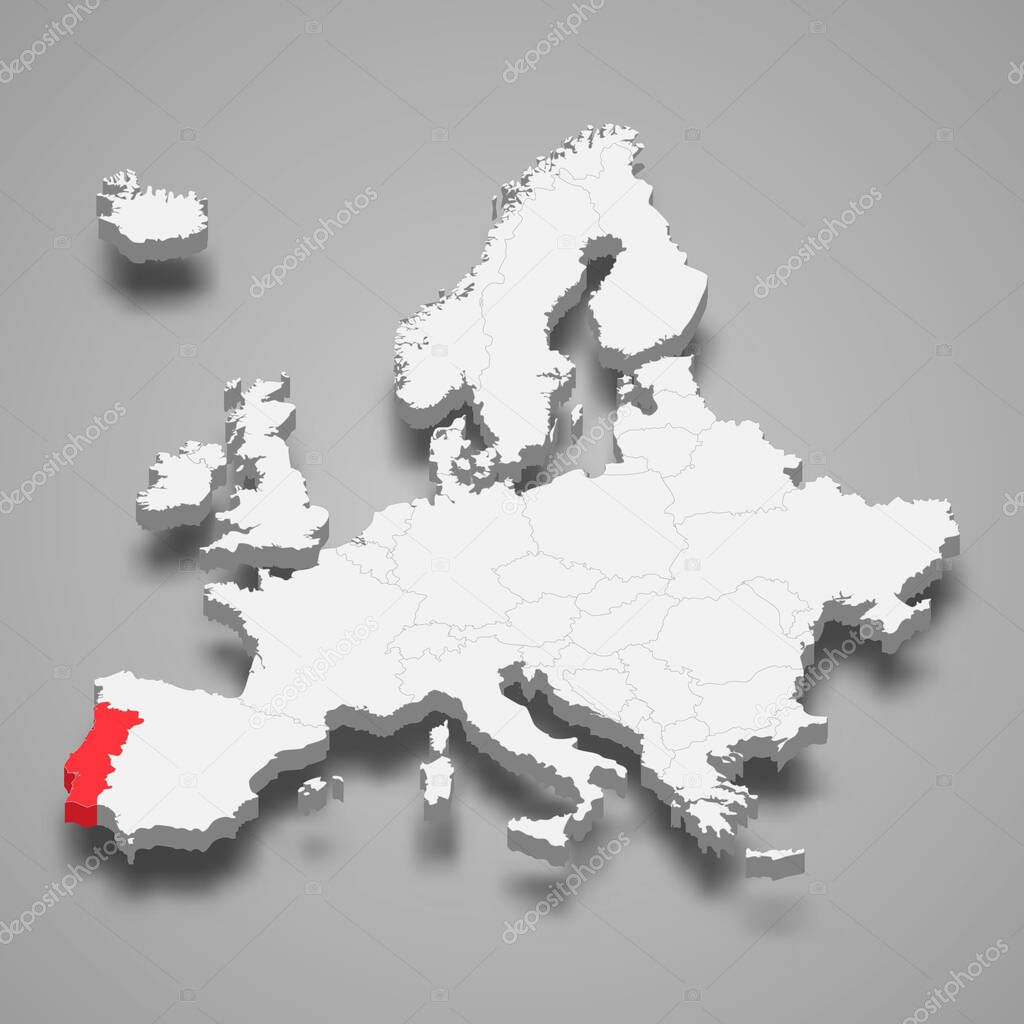 Portugal country location within Europe 3d isometric map 