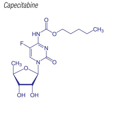 Capecitabine 'in iskelet formülü. Uyuşturucu kimyasal molekülü.