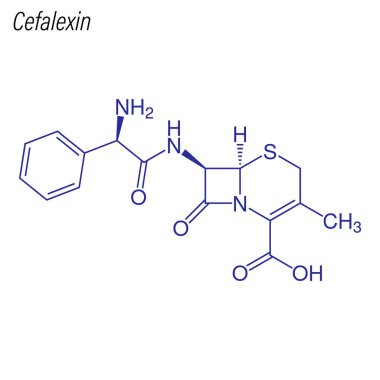 Cefalexin 'in iskelet formülü. Uyuşturucu kimyasal molekülü.