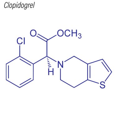 Clopidogrel 'in iskelet formülü. Uyuşturucu kimyasal molekülü.