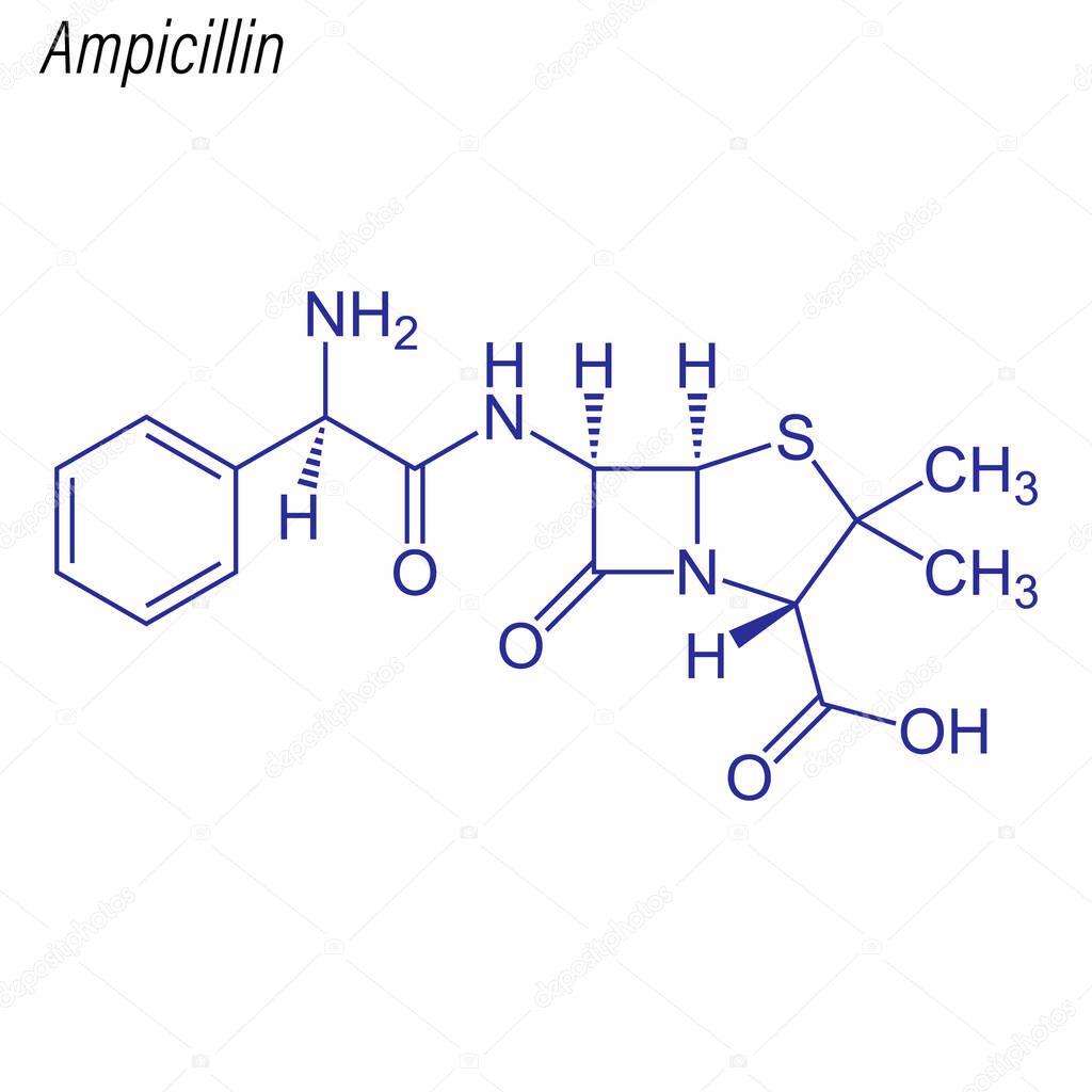 Skeletal formula of Ampicillin. Drug chemical molecule.