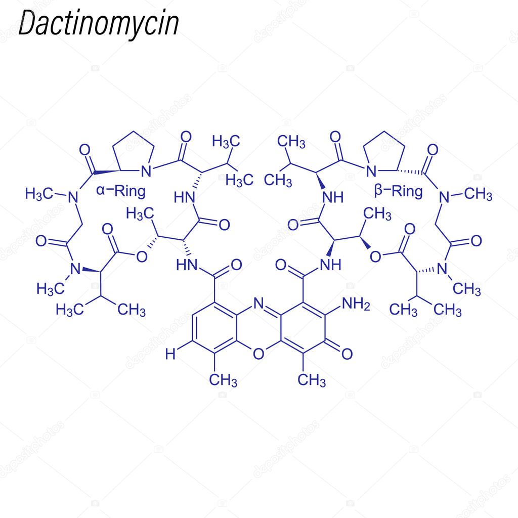 Skeletal formula of Dactinomycin. Drug chemical molecule.
